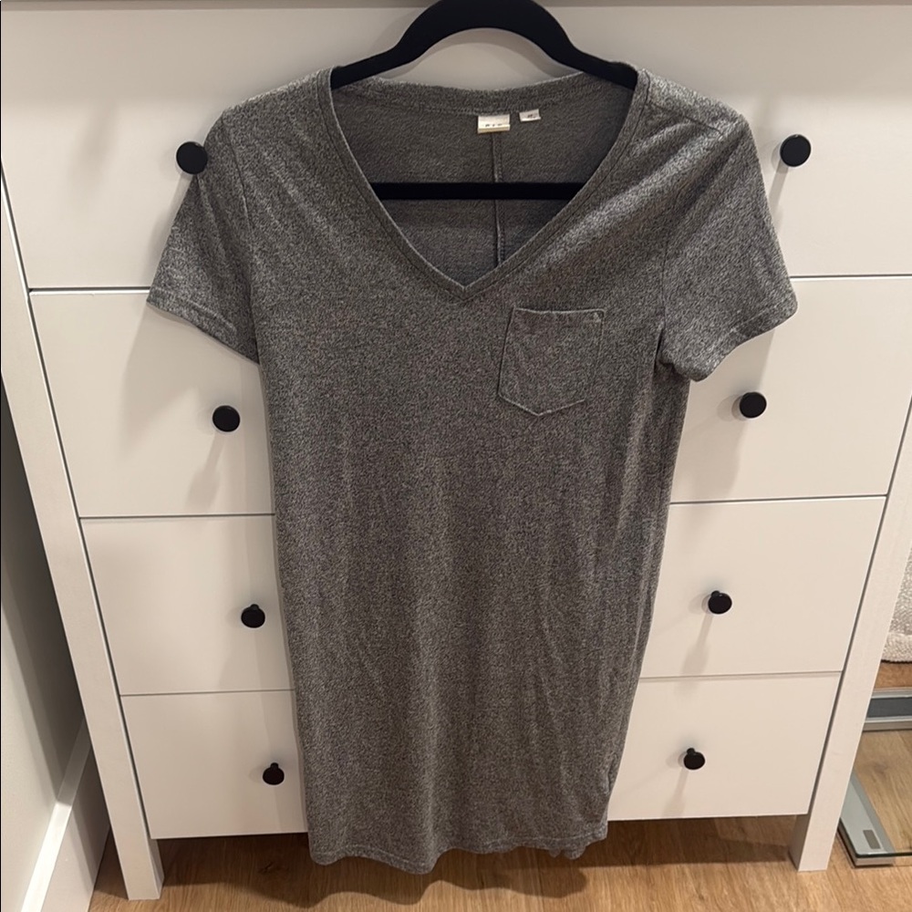 Gray V-Neck T-Shirt Dress with Pocket